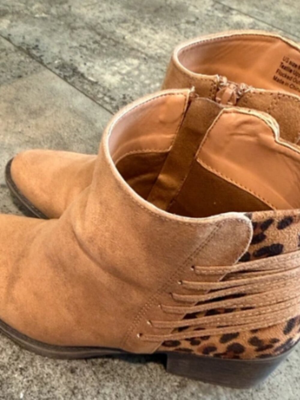 Tan Suede Booties with Leopard Accent - Picture 2 of 4